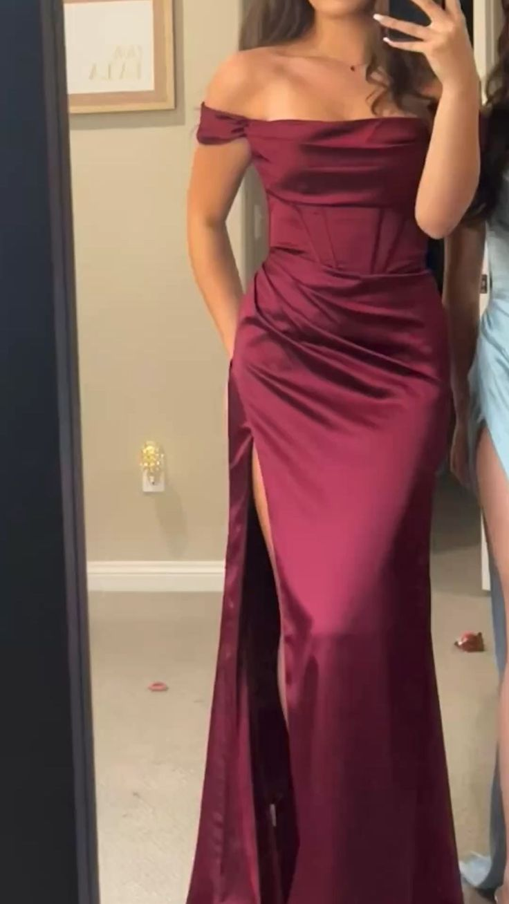 Burgundy Satin Off The Shoulder Slit Prom Dress Evening Dress Y7831 - VelvetHem