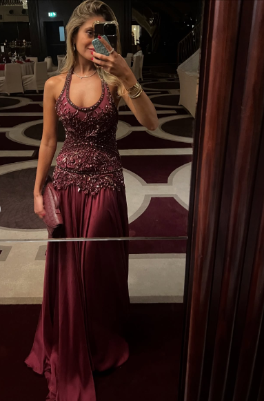 Vintage Burgundy A-Line Halter Neck Beaded Chiffon Long Prom & Evening Dress - View 5 | FashionDia