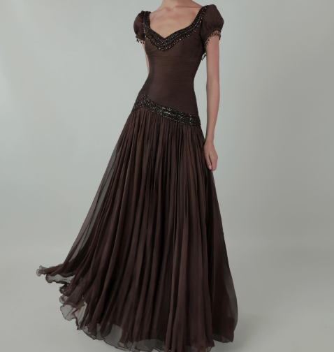 Retro Elegant Dark Brown Fitted V-Neck Beaded Chiffon Long Prom & Evening Dress - View 3 | FashionDia