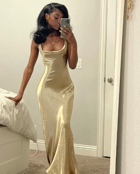 Mermaid Spaghetti Straps Long Prom Dress Gold Charming Evening Dress Black Girls Prom Dress - View 4 | FashionDia
