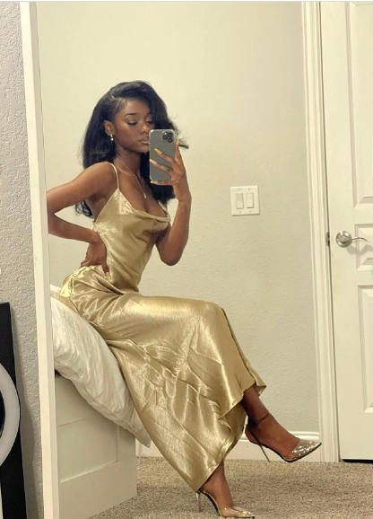 Mermaid Spaghetti Straps Long Prom Dress Gold Charming Evening Dress Black Girls Prom Dress - View 5 | FashionDia