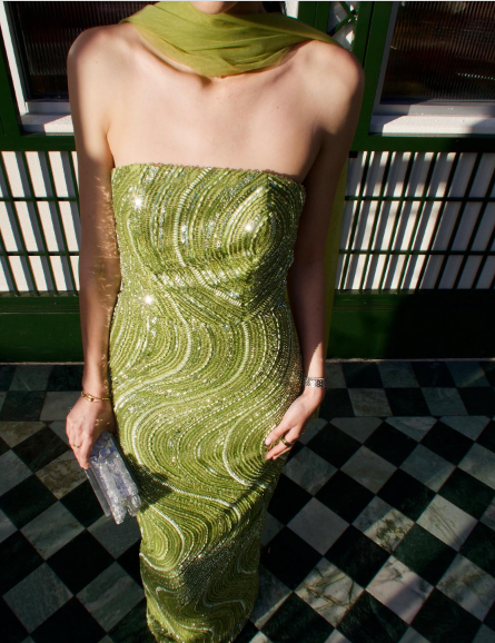 Elegant Green Strapless Sequin Wave Pattern High-Slit Tulle Slim-Fit Long Prom & Evening Dress - View 8 | FashionDia