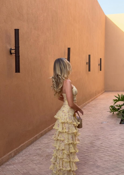 Sweet Yellow Floral Print Strapless A-Line Chiffon Long Prom & Evening Dress - View 7 | FashionDia