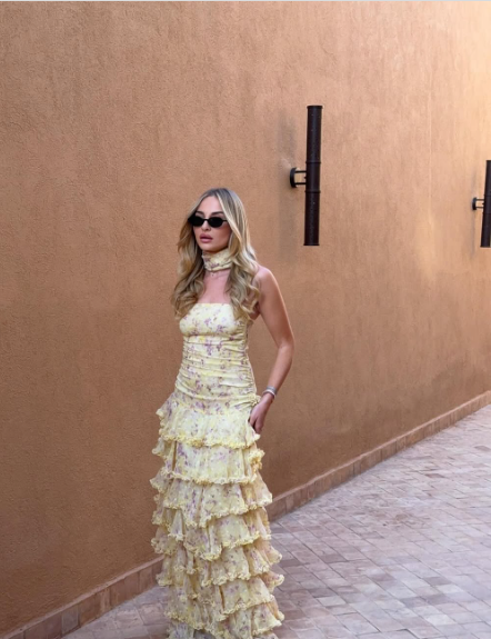 Sweet Yellow Floral Print Strapless A-Line Chiffon Long Prom & Evening Dress - View 9 | FashionDia