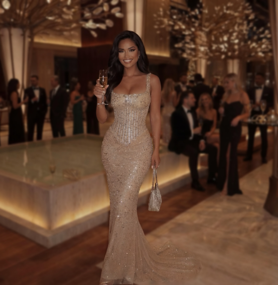 Luxurious Champagne Gold Mermaid Square Neck Sequined Prom & Evening Dress - View 7 | FashionDia