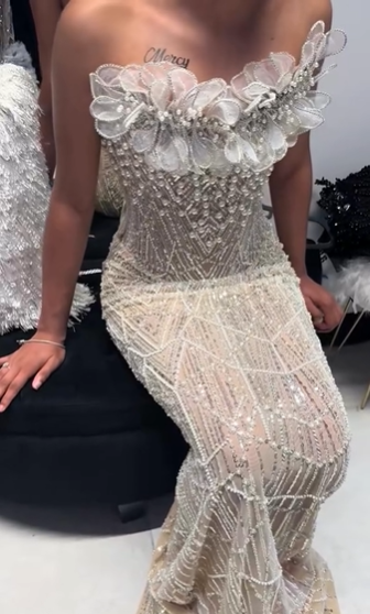 Luxurious Champagne Gold Strapless 3D Floral Beaded Sequin Tulle Train Long Prom & Evening Dress - View 6 | FashionDia