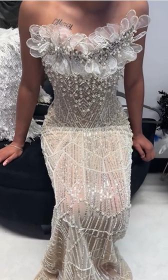 Luxurious Champagne Gold Strapless 3D Floral Beaded Sequin Tulle Train Long Prom & Evening Dress - View 5 | FashionDia