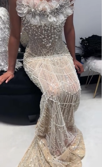 Luxurious Champagne Gold Strapless 3D Floral Beaded Sequin Tulle Train Long Prom & Evening Dress - View 7 | FashionDia