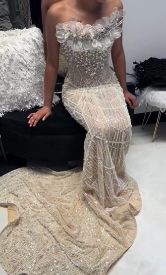 Luxurious Champagne Gold Strapless 3D Floral Beaded Sequin Tulle Train Long Prom & Evening Dress - View 9 | FashionDia