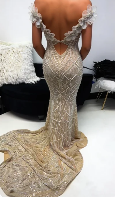 Luxurious Champagne Gold Strapless 3D Floral Beaded Sequin Tulle Train Long Prom & Evening Dress - View 10 | FashionDia