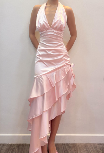 Sweet Pink Halter V-Neck Bow Ruffle Satin Prom Prom Birthday Dress - View 8 | FashionDia