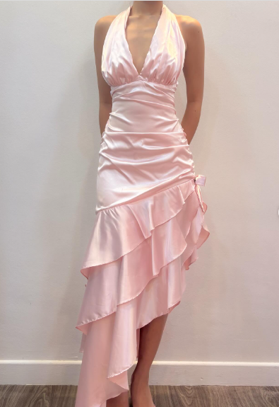 Sweet Pink Halter V-Neck Bow Ruffle Satin Prom Prom Birthday Dress - View 3 | FashionDia