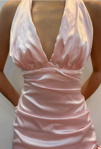 Sweet Pink Halter V-Neck Bow Ruffle Satin Prom Prom Birthday Dress - View 4 | FashionDia