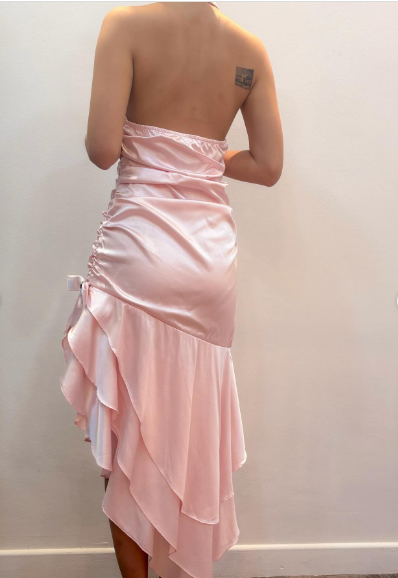 Sweet Pink Halter V-Neck Bow Ruffle Satin Prom Prom Birthday Dress - View 5 | FashionDia