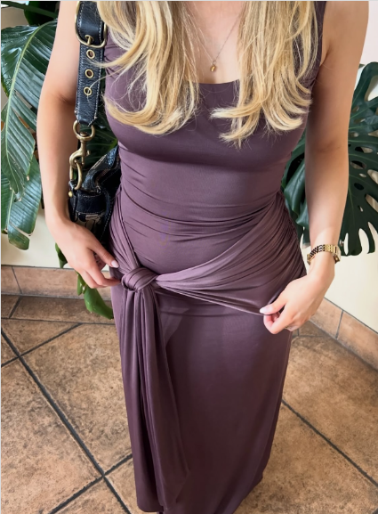 Simple Purple-Gray Spaghetti Strap Twist Satin Long Prom & Evening Dress - View 6 | FashionDia