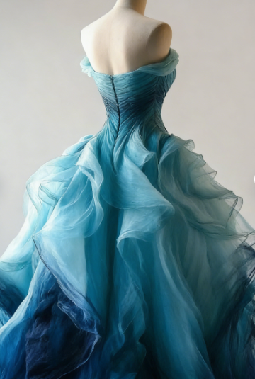 Vintage Ombre Blue Tulle Off-the-Shoulder Evening Dress,Formal Birthday Ball Gown - View 4 | FashionDia