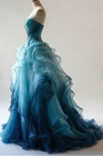 Vintage Ombre Blue Tulle Off-the-Shoulder Evening Dress,Formal Birthday Ball Gown - View 3 | FashionDia