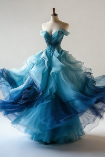 Vintage Ombre Blue Tulle Off-the-Shoulder Evening Dress,Formal Birthday Ball Gown - View 2 | FashionDia
