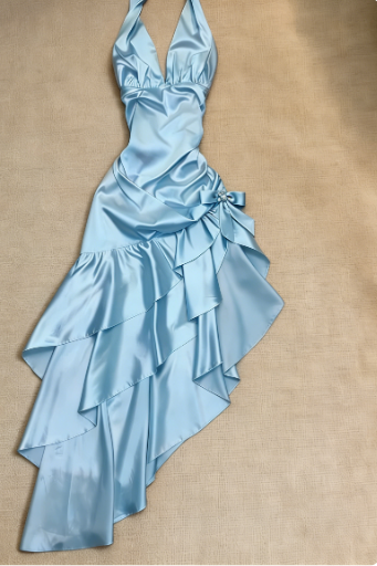 Sweet Pink Halter V-Neck Bow Ruffle Satin Prom Prom Birthday Dress - View 9 | FashionDia