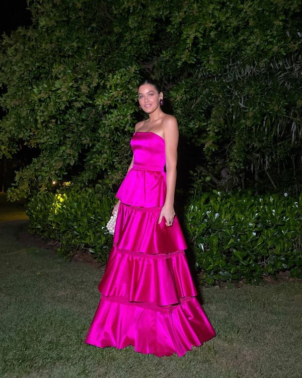 Gorgeous Strapless Satin Layered Party Evening Dress Hot Pink A Line Prom Dress
