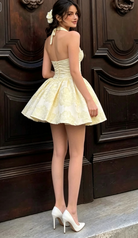Sweet Light Yellow Halterneck Floral Jacquard A-Line Birthday Dress Homecoming Dress - View 4 | FashionDia