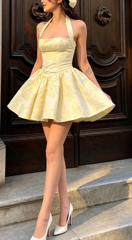 Sweet Light Yellow Halterneck Floral Jacquard A-Line Birthday Dress Homecoming Dress - View 5 | FashionDia
