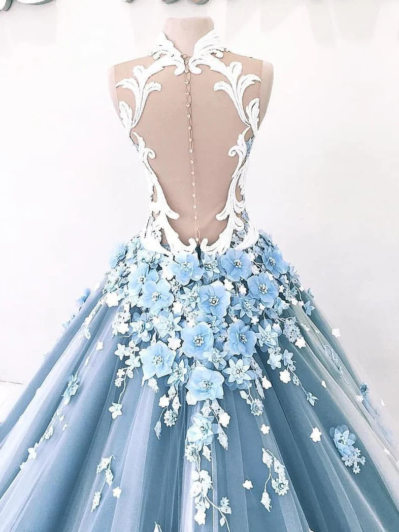 Vintage Ball Gown Prom Dress Tulle High Neck Customed Prom Dress - View 3 | FashionDia