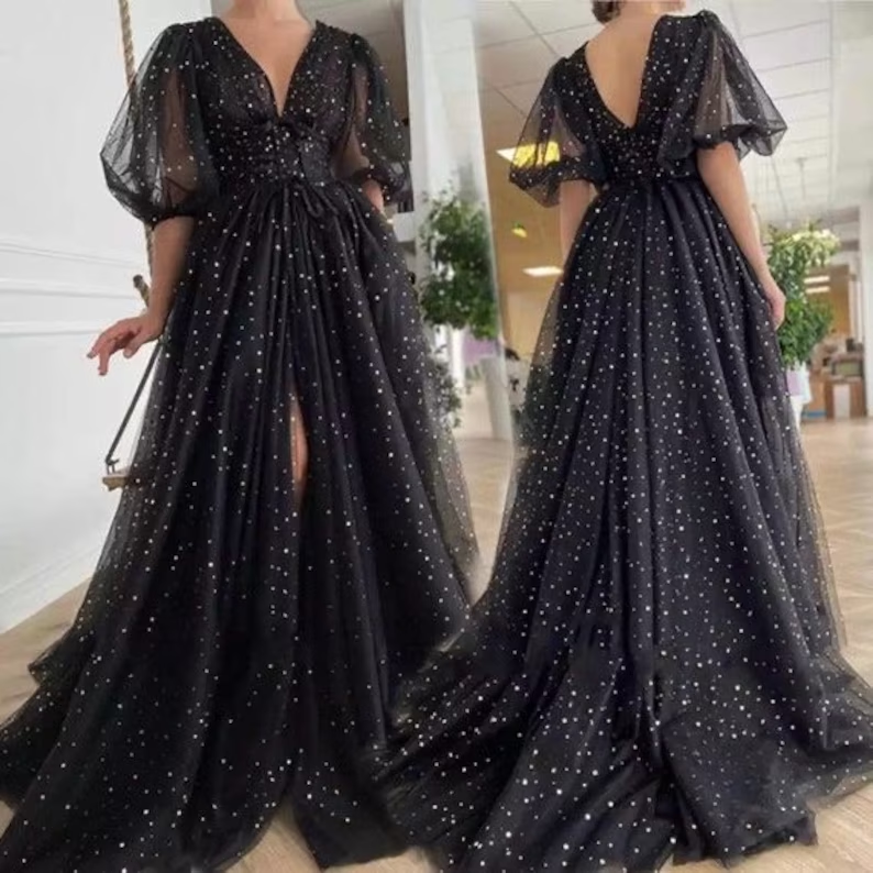 Black Tulle lace dress Black Dress Womens glitter Dress V-neckline Puff Sleeve Party Dress