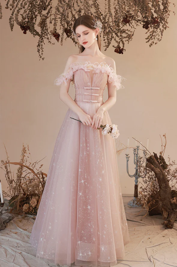 Pink tulle long prom dress A-line evening dress