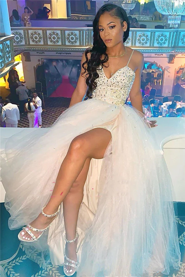 2023 Cheap A Line White Sweetheart Beaded Tulle Side Slit Prom Dresses