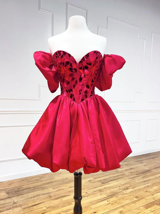 Mini/Short Red Satin Short Prom Dresses, Short Homecoming Dress - FashionDia