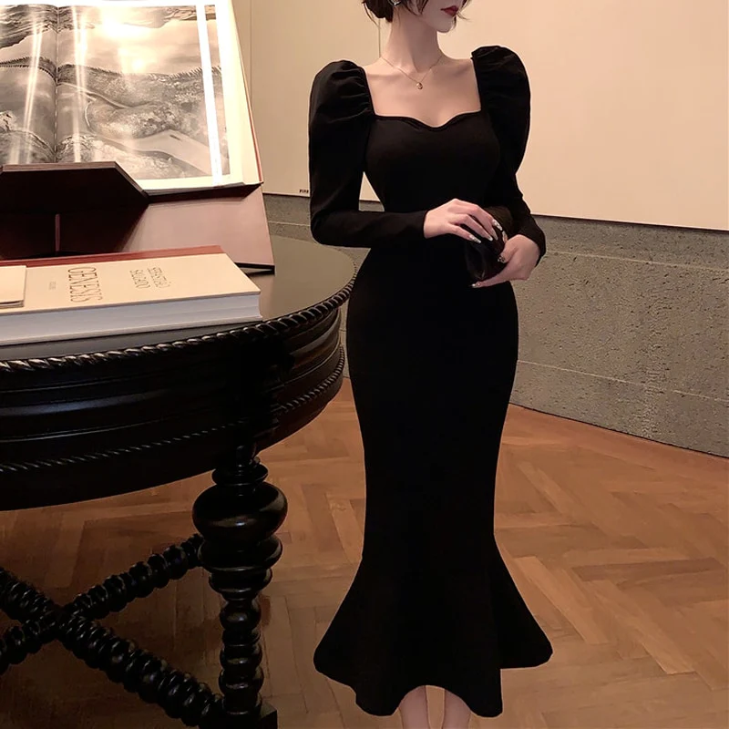 Elegant Mermaid Black Long Dress Women Korean One Piece Vintage Gothic Evening Party Dress