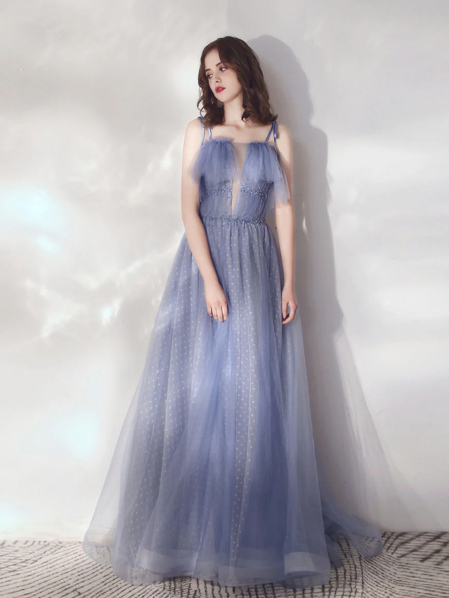 Blue A-Line Tulle Long Prom Dresses, Blue Formal Graduation Dresses - FashionDia