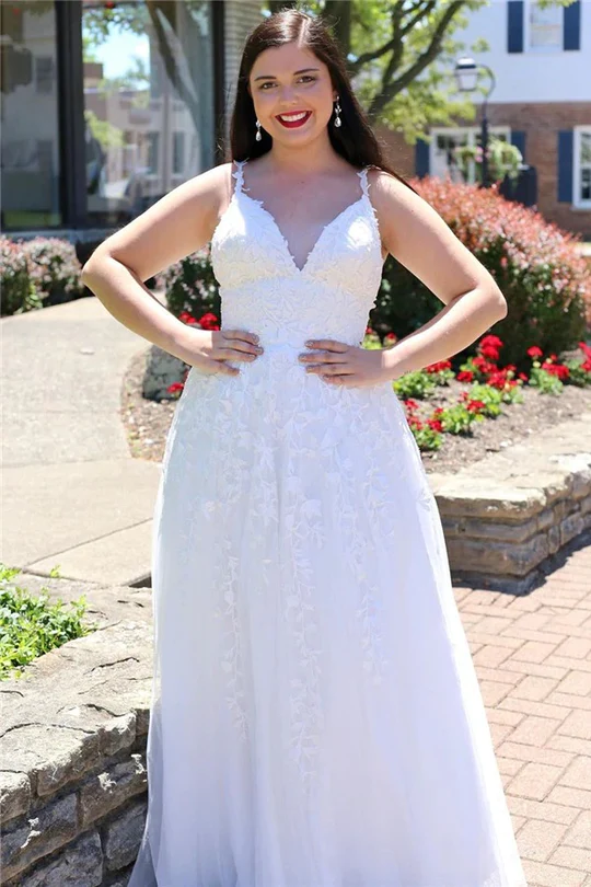 A-Line V-Neck Sleeveless Spaghetti Straps Light Blue Lace Long Prom Dresses