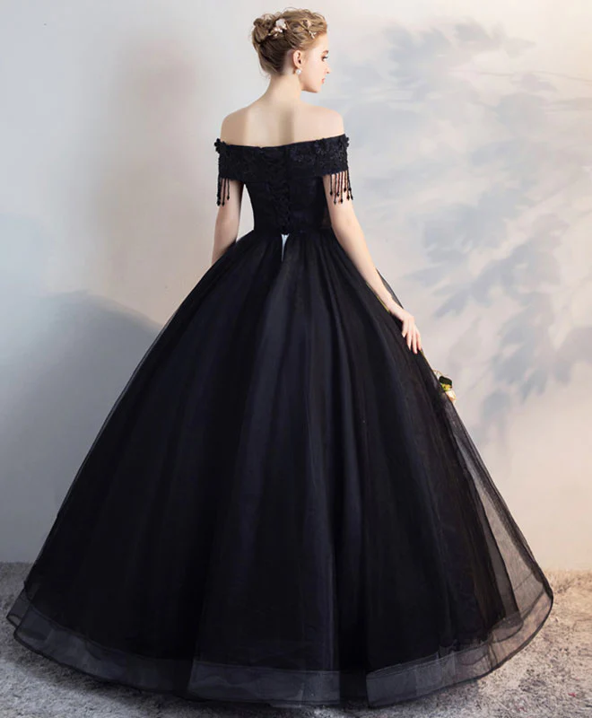 Black Off Shoulder Lace Tulle Long Prom Dress, Black Evening Dress