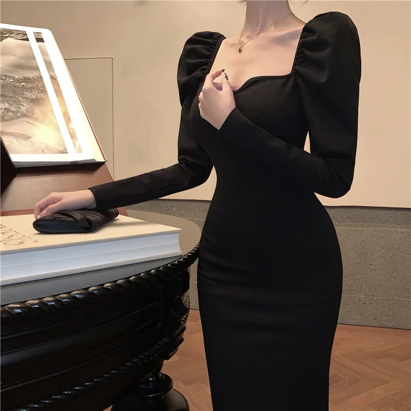 Elegant Mermaid Black Long Dress Women Korean One Piece Vintage Gothic Evening Party Dress - View 3 | FashionDia