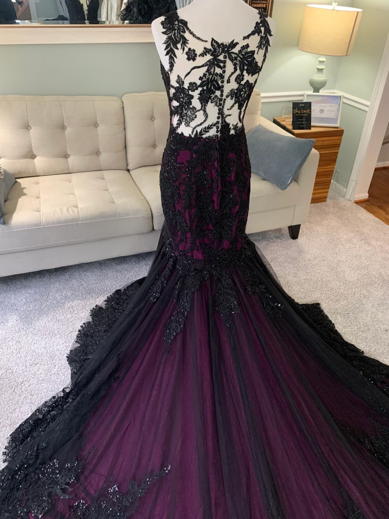Black and Purple Wedding Dress, Gothic Wedding Dress, Trumpet Black Dress, Formal Dress - View 2 | FashionDia