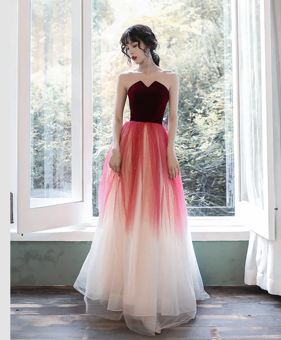 A-Line Tulle Burgundy Long Prom Dresses, Burgundy Formal Party Dress - FashionDia