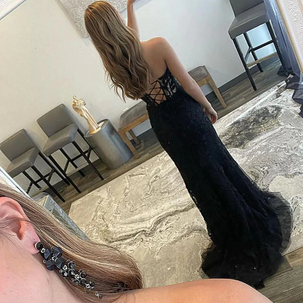 Strapless Mermaid Beaded Black Lace Long Prom Dresses, Mermaid Black Formal Dresses, Black Lace Evening Dresses