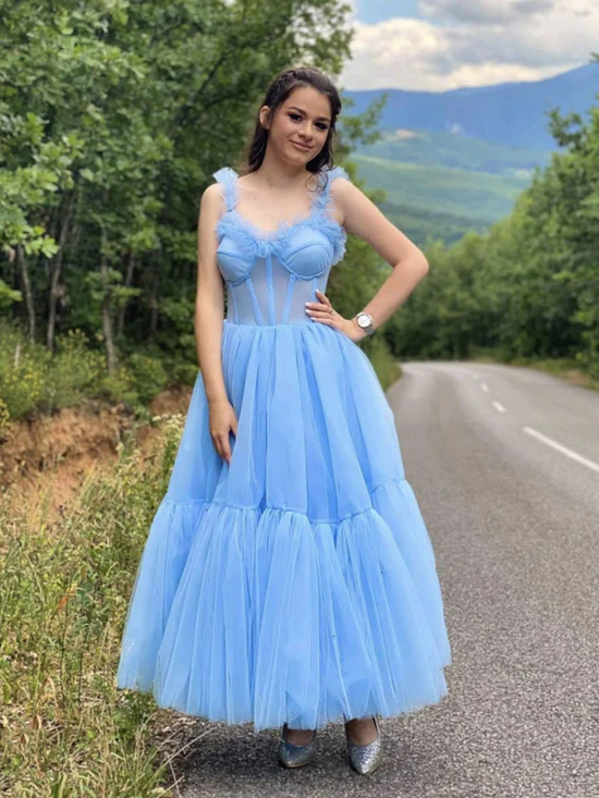 Blue sweetheart neck tulle Tea-Length prom dress, blue homecoming dress - View 2 | FashionDia