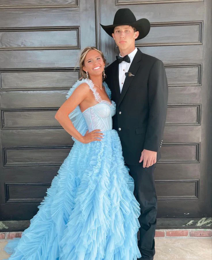 Light Sky Blue Tulle Princess Ruffle Straps With Tiered Long Prom Dress