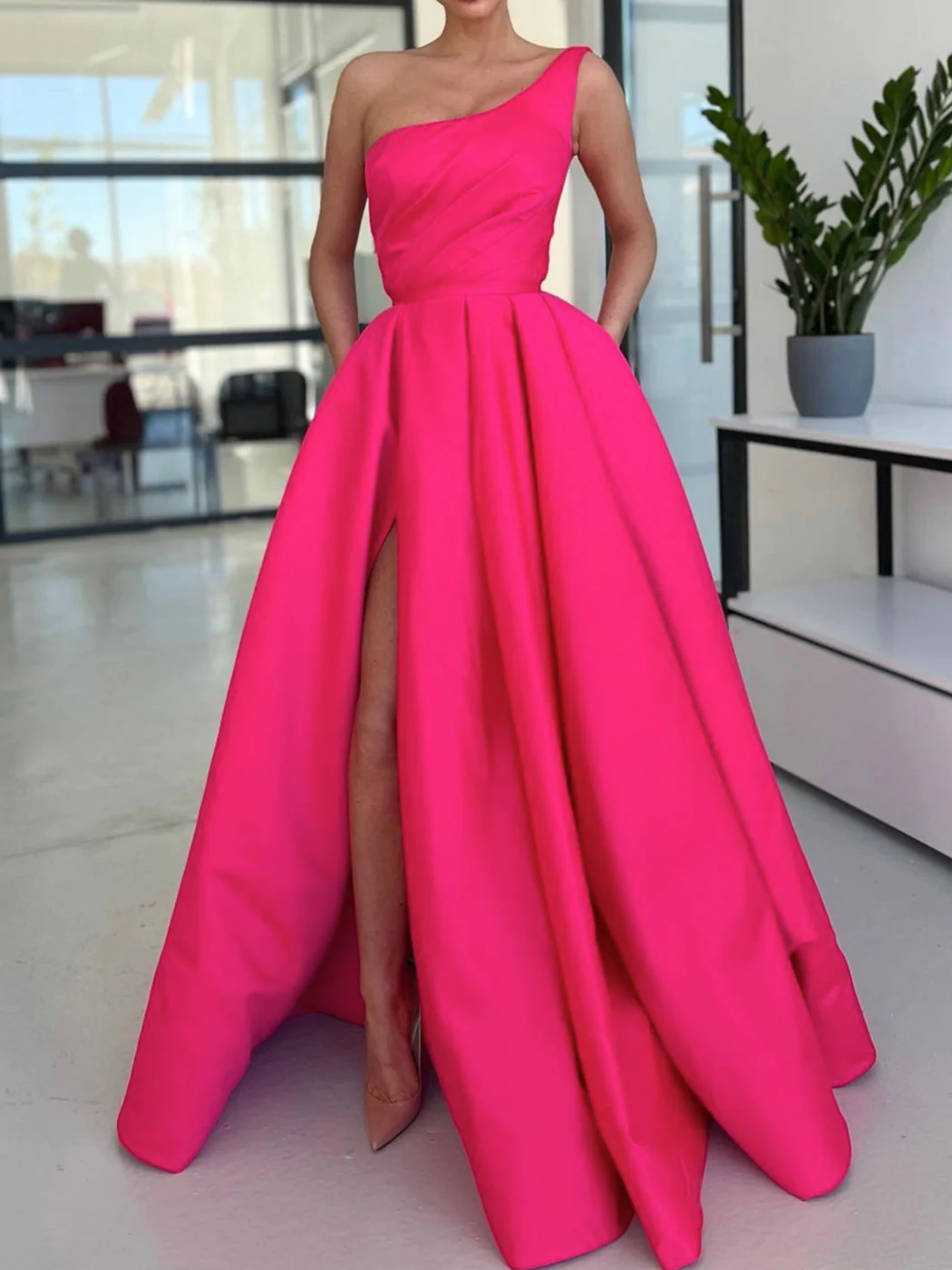 Simple One Shoulder Satin Pink Long Prom Dress, Pink Formal Evening Dress