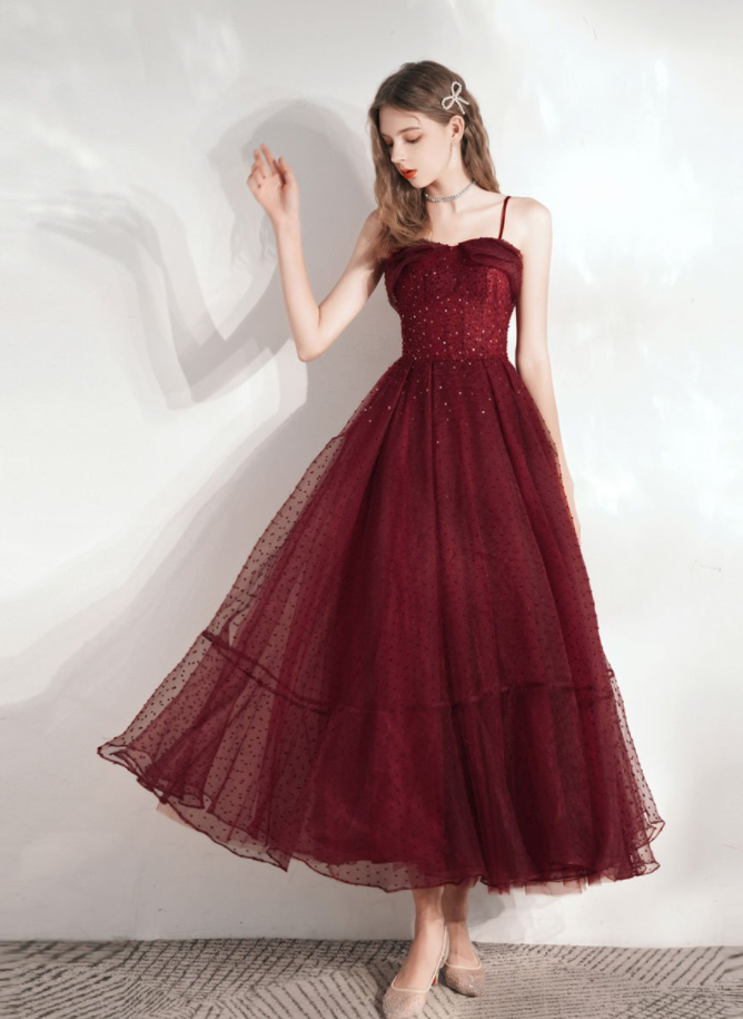 Burgundy sweetheart tulle tea length prom dress