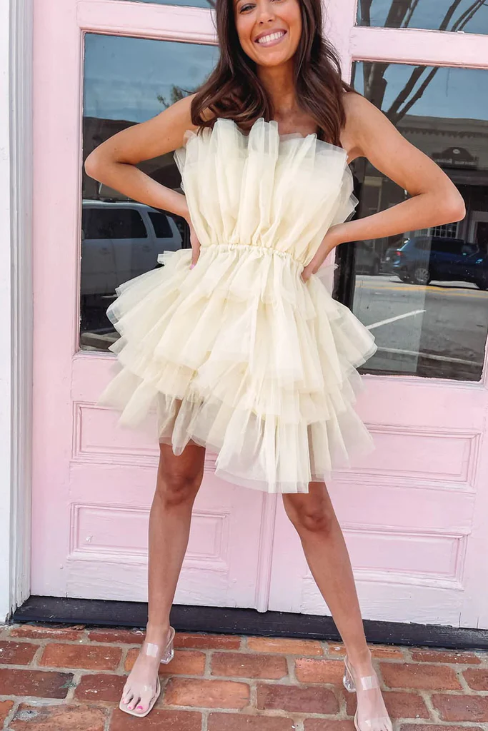 Strapless Tiered Short Homecoming Dress, A Line Sweet 16 Dress