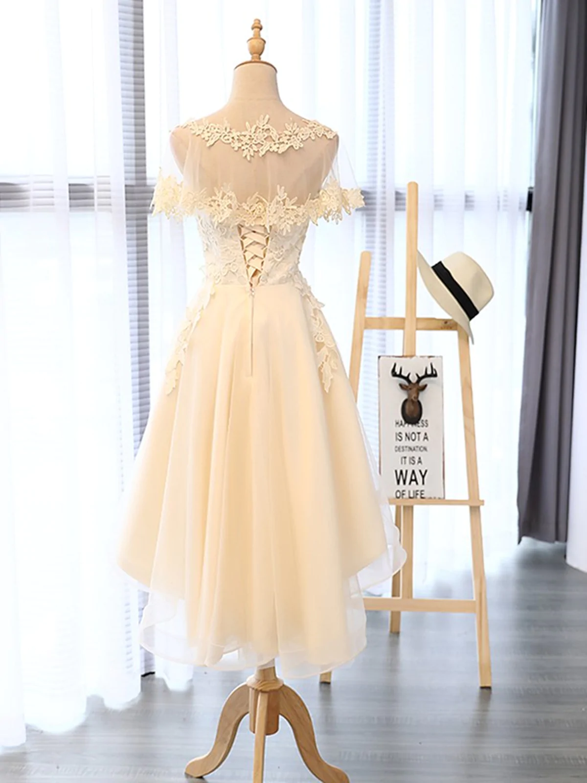 High-Low Short Light Champagne Lace Prom Dresses, High-Low Light Champagne Lace Homecoming Dresses, Champagne Lace Formal Evening Dresses - View 2 | FashionDia