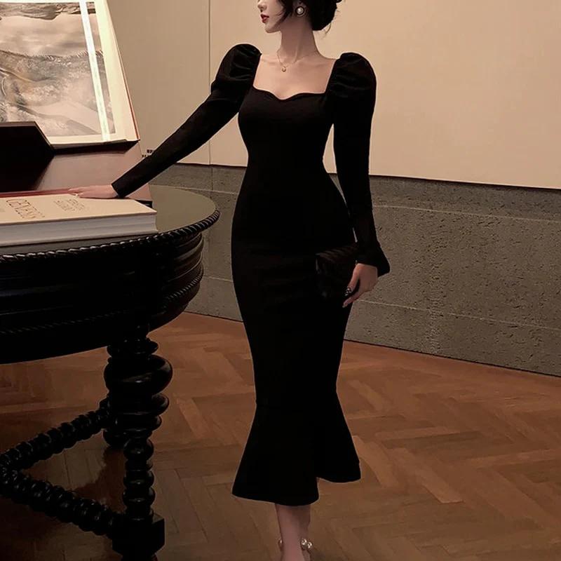 Elegant Mermaid Black Long Dress Women Korean One Piece Vintage Gothic Evening Party Dress - View 2 | FashionDia