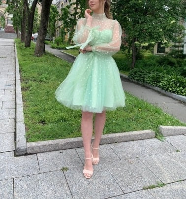 Light Green Short Tulle Prom Dresses,Long Sleeve Homecoming Party Dress - View 2 | FashionDia
