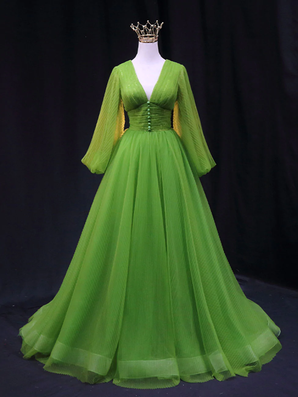 Green A-Line Long Prom Dresses, V-Neck Green Tulle Long Formal Evening Dresses - FashionDia