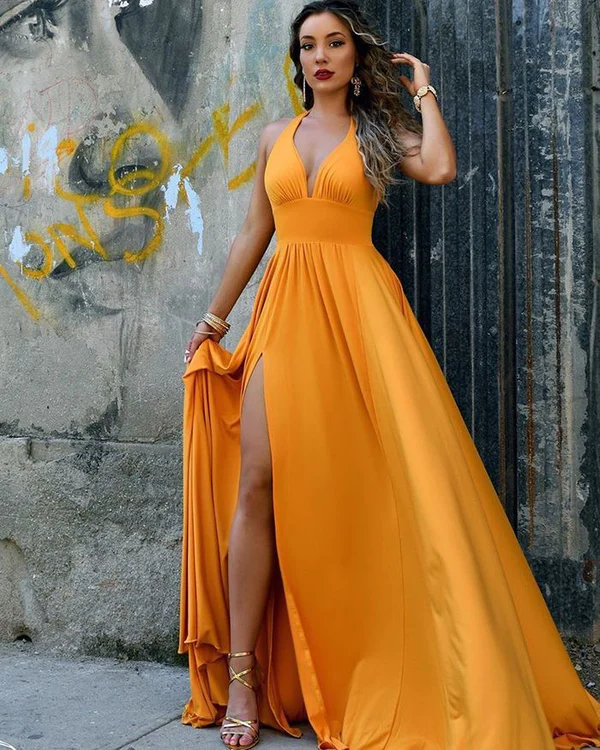 Halter Sweetheart A Line Side Slit Backless Long Gold Prom Dresses