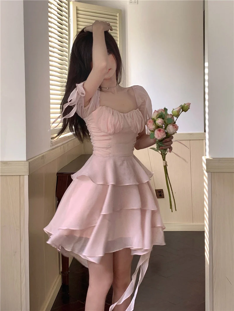 Ruffled Puff Sleeve Dress Solid Square Collar Women's Summer Dress , Homecoming Party Dress